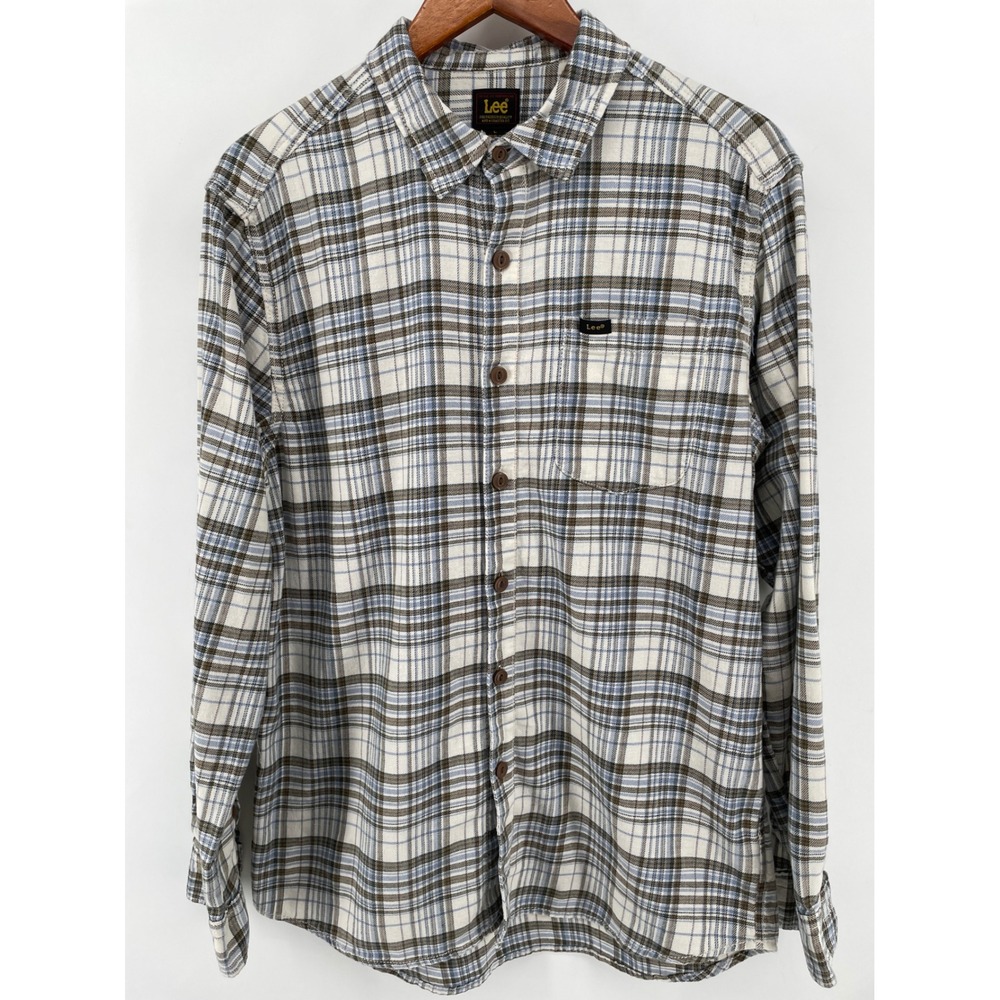 Lee Plaid Button Down Shirt Mens Large Blue Brown Long Sleeve Stretch Classic